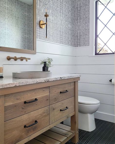 Native Trails Home on Instagram: “How much do you love this bathroom with our NativeStone Tolosa sink? 😍 Interior Designer: @cvi_design Builder: @celebrity_builders…” Board And Batten Bathroom, Batten Bathroom, Grey Linen Wallpaper, Cozy Wallpaper, Wallpaper Powder Room, Room Wallpaper Designs, Powder Room Wallpaper, House Bathrooms, Linen Wallpaper