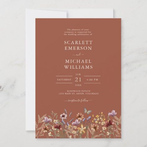 Terracotta Elegant Boho Wedding Invitation Boho Chic Wedding Invitations, Elegant Boho Wedding, Boho Wedding Invitation Template, Wild One 1st Birthday, Wildflower Wedding Invitations, Boho Wildflower, Watercolor Wildflowers, Wedding Watercolor, Rustic Boho Wedding