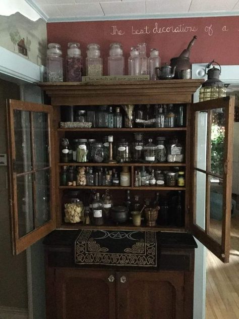 Dark Apothecary Kitchen, Witch Cabinets, Witchy Cabinet, Witch Cabinet, Witch Cabin, Apothecary Diy, Apothecary Bathroom, Apothecary Kitchen, Altar Ideas