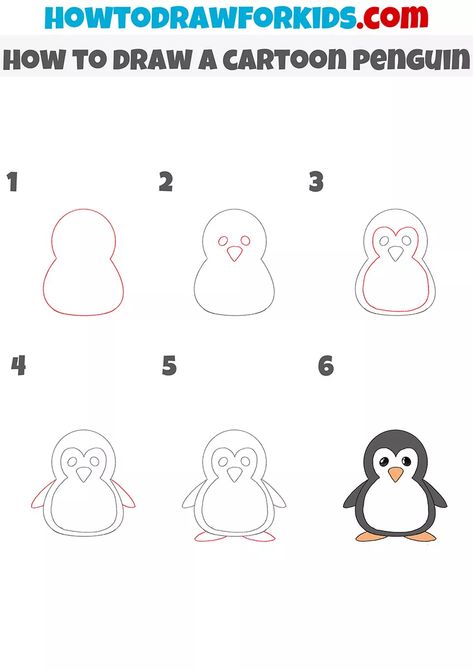 How to Draw a Cartoon Penguin - Easy Drawing Tutorial For Kids Pinguin Drawing Simple, Easy Drawings Penguin, How To Draw Penguin Easy, Penguin Drawings Easy, Pinguin Drawing Easy Cute, Penqueen Drawing, How To Draw A Penguin Step By Step Easy, Penguin Drawing Tutorial, How To Paint A Penguin