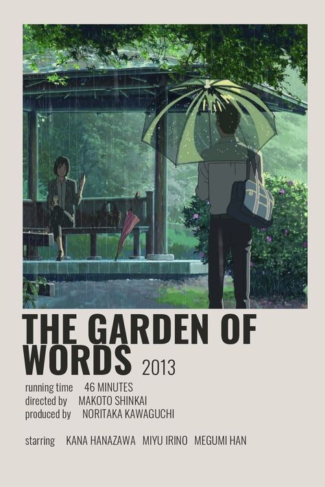 ☆ Minimalist/alternative "The Garden of Words" anime movie poster ☆ Check out my "Anime Posters" board! The Garden Of Words, Garden Of Words, Bon Film, Japanese Animated Movies, Anime Suggestions, Film Posters Minimalist, Film Anime, Poster Anime, Anime Printables