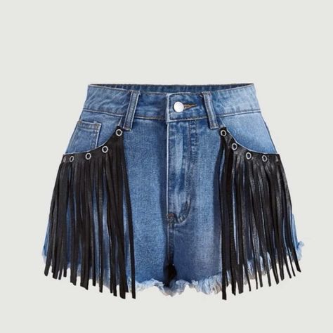 Shein Contrast Fringe Detail Raw Hem Denim Shorts. High Waisted. Runs Small. Brand New With Tags. Fringe Shorts Outfit Western, Diy Ripped Jeans, Moda Circular, Mermaid Halloween Costumes, Haute Mess, Country Clothes, Fringe Shorts, Fringe Pants, Dance Comp