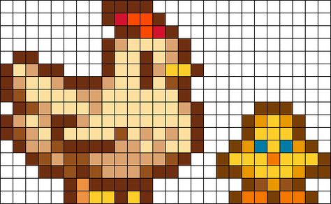 Stardew Chicken Pixel Art, Stardew Valley Chicken Cross Stitch, Stardew Valley Chicken Pixel Art, Perler Stardew Valley, Stardew Valley Chickens, Pixel Art Pattern Stardew Valley, Stardew Valley Grid Pattern, Stardew Perler Bead Patterns, Chicken Alpha Pattern