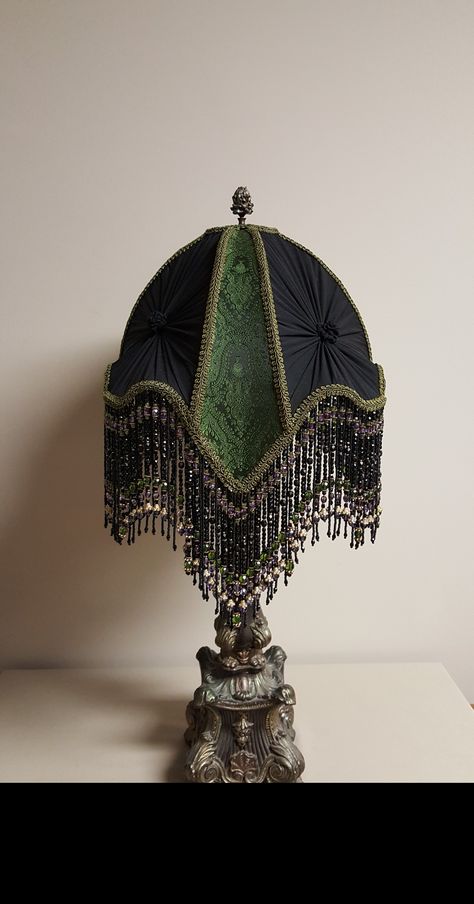 Hand crafted custom order Victorian style lampshade with Indian silk, chiffon pleating and 358 strands of hand strung beaded fringe. Goth Lampshade Diy, Fringe Lampshade Vintage, Whimsigothic Furniture, Victorian Style Lampshade, Vintage Lampshades Diy, Indian Lampshade, Diy Victorian Lampshades, Fringed Lampshade, Lampshades Ideas