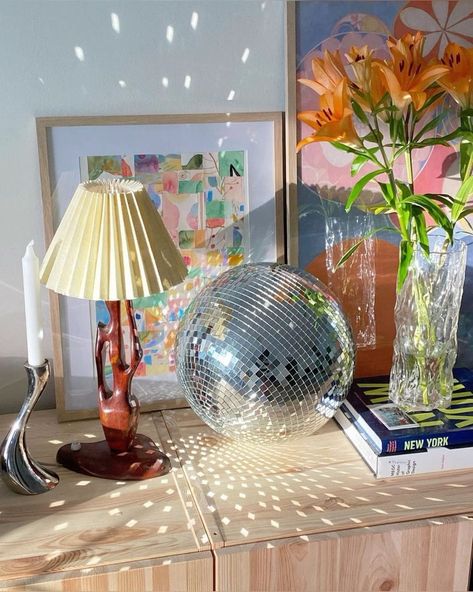 Mirror Disco Ball Dried Flower Disco Ball, Mirror Ball Bar, Mini Disco Balls Around Mirror, Disco Ball Shelf Decor, Bed Room Disco Ball, Apartment Disco Ball, Classy Disco Ball Decor, Disco Ball House Decor, Disco Ball Living Room Decor