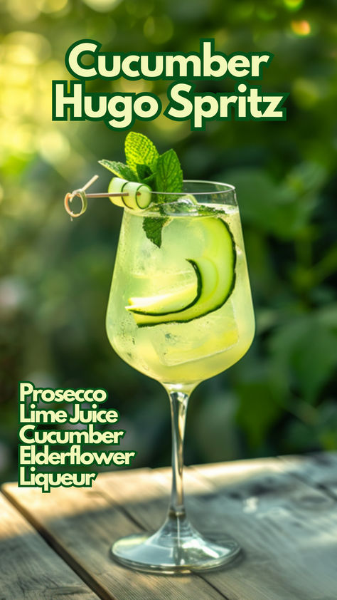 Cucumber Hugo Spritz Elderflower Liqueur Recipes, Prosseco Drinks, Cucumber Cocktail Recipes, Hugo Drink, Cucumber Cocktails, Elderflower Spritz, Spritz Party, Spritz Cocktails, Spritz Drink