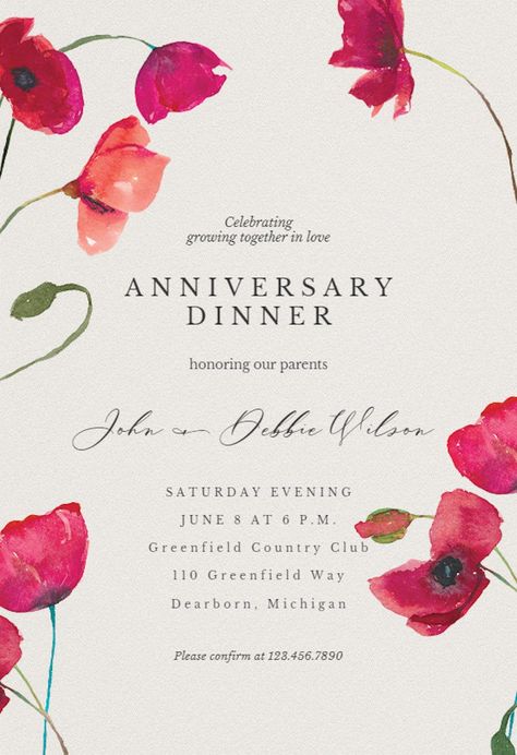 Red Poppies - Anniversary Invitation Template (Free) | Greetings Island Retirement Invitation Card, Farewell Invitation, Flower Birthday Invitations, Farewell Party Invitations, Retirement Invitations, Anniversary Invitation, Retirement Party Invitations, Greetings Island, Bridal Shower Invitations Templates