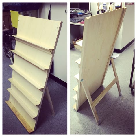 Tilted Display Shelves, Clothesline Display Craft Fairs, Sign Stands Diy Display Ideas, Wood Sign Booth Display, Market Shelf Display, A Frame Display Stand Diy, How To Make Display Stands, Foldable Shelf Diy, Book Display Stand Diy