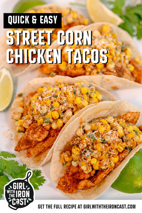 Chicken street corn tacos with charred, spiced chicken and topped with everyone’s favorite Mexican side dish – esquites (Mexican street corn salad)! It’s an easy one-pan meal ideal for using up in-season summer sweet corn. Each bite is juicy and full of flavor. Your new taco tuesday go-to. Street Corn Fried Chicken Tacos, Street Corn Chicken Tacos Recipe, Mexican Street Corn Tostadas, Mexican Corn Tacos, Chicken Street Corn Tacos, Easy Taco Dinners, Street Corn Steak Tacos, Street Corn Tacos Recipe, Chicken Taco Toppings