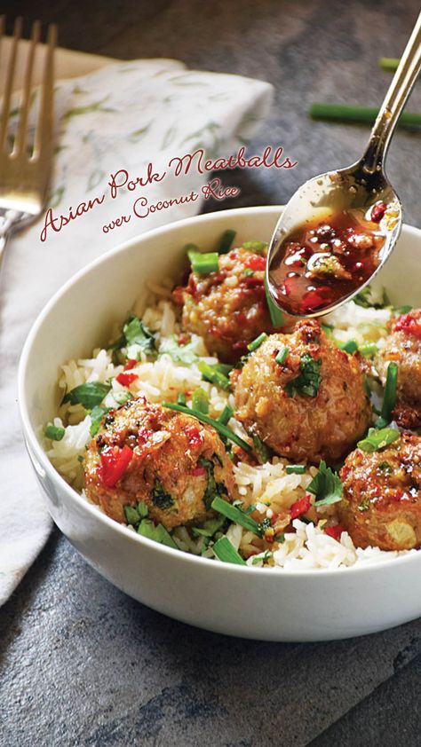 Asian Pork Meatballs, Takeout Recipes, Coconut Recipe, Ground Pork Recipes, Asian Pork, Healthy Version, Pork Meatballs, Balsamic Reduction, Coconut Rice