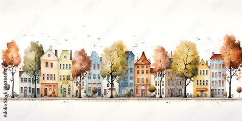 Street Watercolor, Map Elements, 2024 Art, European City, Baby Wallpaper, City Street, City Streets, Small Town, Watercolor Illustration