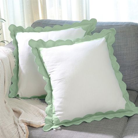 PRICES MAY VARY. 100% Cotton [ STATEMENT PIECE ] - Our scalloped pillow covers or throw pillows for bed have a modern look with vintage patterns. This statement soft accent pillows have a unique boho design that makes a perfect decoration for bedroom, living room, farmhouse, car, outdoor or indoor and almost all spaces. [ UTILITY - Concealed Zipper ] - These white pillow cases set of 2 or white throw pillows in sage green decor have a concealed back zipper which holds the cushion firmly and allo Nap Time Blanket And Pillow, Blue Scalloped Bedding, Coastal Granddaughter Pillows, Scallop Pillow, Blue And White Throw Pillows, Scalloped Pillow, Pillows For Living Room, Throw Pillows For Couch, Blue And White Pillows