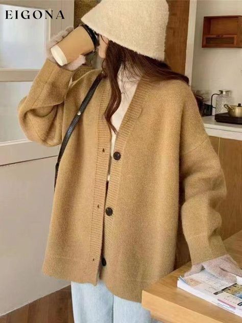 Women's loose buttoned versatile knitted cardigan Camel FREESIZE cardigan clothes sweaters Minimalist Winter, Long Knit Sweater, Blue Zones, Winter Cardigan, Sleeves Clothing, Black Long Sleeve Dress, Self Design, Patchwork Dress, Design Fabric