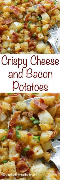 Crispy Cheese and Bacon Potatoes are great for breakfast, lunch, or dinner! get the recipe at barefeetinthekitchen.com Bacon Potatoes, Bacon Potato, Crispy Cheese, Salad Pasta, Cheesy Bacon, Potato Side Dishes, Deilig Mat, Potato Casserole, Idee Pasto Sano