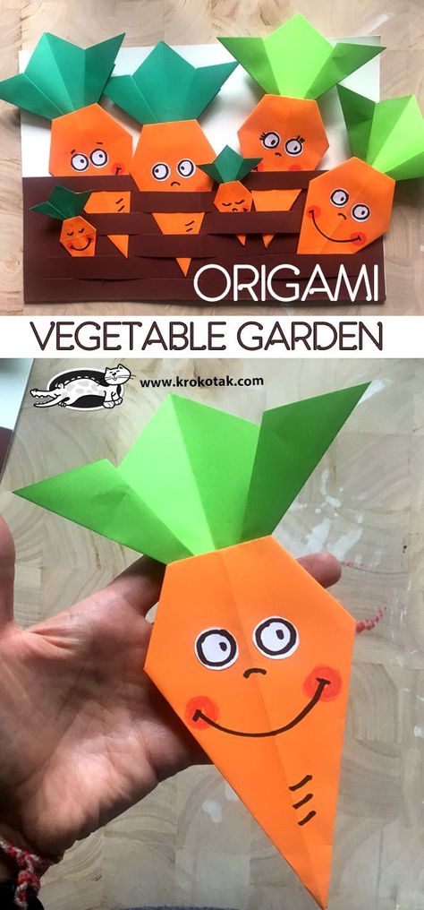 VEGETABLE GARDEN-ORIGAMI craft for kids Paper Vegetables Craft, Fruit Origami, Carrot Origami, Origami Vegetables, Vegetable Garden Art, Garden Origami, Origami Garden, Carrot Party, Vegetable Crafts