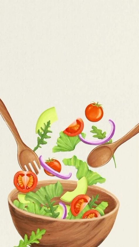 Salad Background Design, Salad Bowl Drawing, Salad Bowl Illustration, Healthy Food Illustration Art, Healthy Eating Wallpaper, Salad Doodle, Healthy Food Wallpaper, Healthy Food Drawing, Healthy Food Cartoon