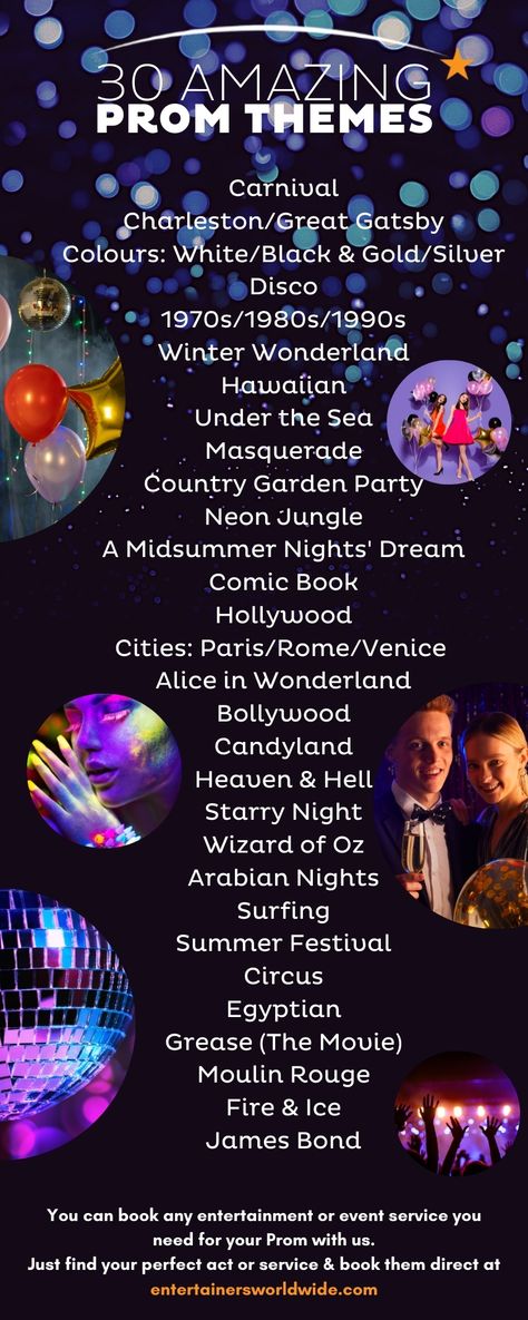 School Dance Party Ideas, Prom Theme Ideas 2023, Post Prom Themes Ideas, Simple Prom Themes, Homeschool Prom Ideas, Prom Event Ideas, Preschool Prom Ideas, Prom Themes List, Cute Prom Theme Ideas