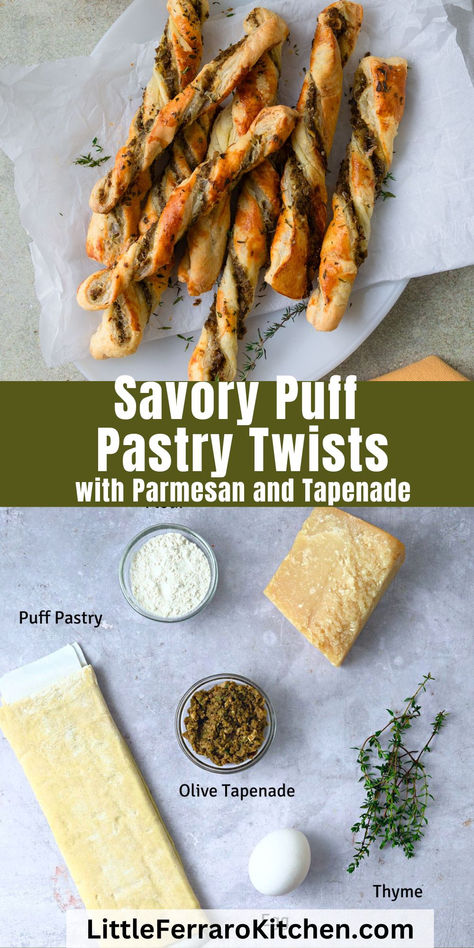 These savory puff pastry cheese straws are the perfect quick appetizer that's always a crowd pleaser! The savory cheese twists are layered with briny olive tapenade and grated Parmesan cheese and baked until crisp and perfectly golden brown. Puff Pastry Cheese Straws, Puff Pastry Cheese, Creamy Potato Leek Soup, Puff Pastry Twists, Savory Puff Pastry, Cheese Twists, Quick Appetizer, Cheese Puff Pastry, Savory Cheese