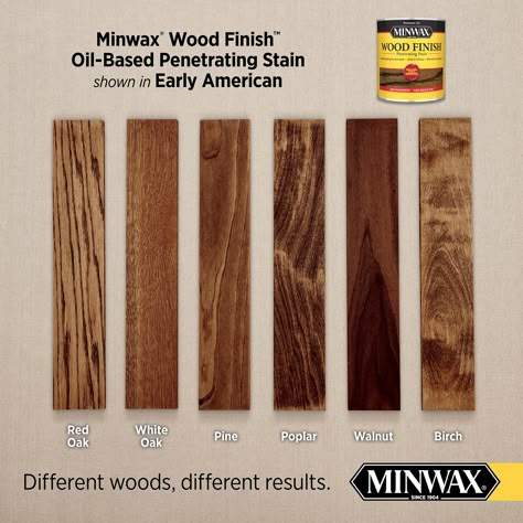 Minwax Wood Finish is a penetrating, oil-based stain that enhances wood grain with rich color in just one coat. Ideal for unfinished wood furniture, cabinets, doors, trim, molding and hardwood floors. Minwax Wood Finish Oil-based Early American Semi-transparent Interior Stain (1-Gallon) in Brown | 71008000 Stain Colors For Pine Wood, Perfect Stain Color, Oak Floor Stains, Minwax Stain Colors, Minwax Gel Stain, Floor Stain Colors, Wood Floor Stain Colors, Red Oak Hardwood Floors, Unfinished Wood Furniture