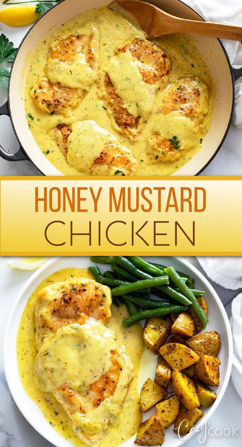 honey mustard chicken topped with a delicious honey mustard sauce and served with a side of potatoes and green beans Recipes With Yellow Mustard, Yellow Mustard Chicken Recipes, Easy Dinners Kids Love, Easy Honey Mustard Chicken, Recipes For Picky Eaters Adults, Dinner Recipe With Chicken, Recipe With Chicken Breast, Kid Friendly Chicken Recipes, Chicken 101