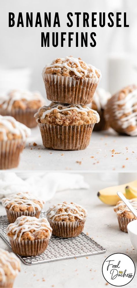 Soft, fluffy, and jam-packed with banana flavor, these Banana Streusel Muffins feature a moist and flavorful batter that is incredibly easy and quick to make! The batter is then topped with a crumbly, buttery streusel topping that is melt-in-your-mouth good! #banana #bananamuffins #bananabread #bananastreuselmuffins #muffin #muffins #streusel #streuselmuffin #breakfast #baking #recipe #easy # Strudel Topping, Streusel Topping For Muffins, Banana Streusel Muffins, Banana Crumble, Banana Bread Muffin Recipe, Breakfast Baking, Cinnamon Roll Muffins, Banana Oatmeal Muffins, Healthy Banana Muffins