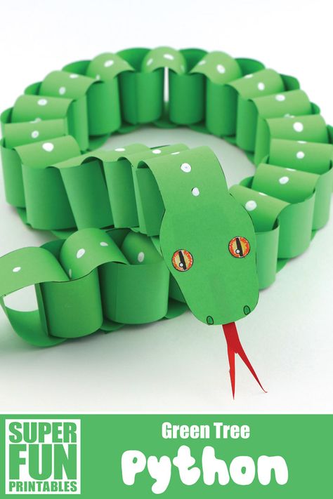 Make a paper chain snake that looks like a Green Tree python using our printable template. This is a simple paper craft idea with a realistic twist! There is also a Jungle Carpet python and a design-your-own paper snake template to make #snake #papersnake #snakecraft #paperchain #paperchainsnake #python #greentreepython #animalcrafts #kidsactivities #printables #superfunprintables #thecrafttrain Paper Snake, Snake Craft, Rainforest Crafts, Jungle Crafts, Snake Crafts, Jungle Theme Classroom, Reptile Party, Construction Paper Crafts, Paper Chain