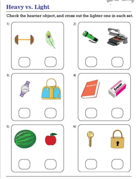 Heavy And Light Worksheet, Math Journal, 1st Grade Math Worksheets, Heavy And Light, Play School, 1st Grade Math, Math Worksheet, Teaching Materials, Math Worksheets