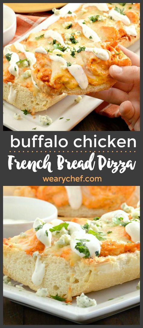 This scrumptious french bread pizza topped with buffalo chicken, ranch, and melted cheese is an easy dinner recipe you'll want to make again and again! Buffalo Chicken Cheese Bread, Buffalo Chicken Garlic Bread, Buffalo Chicken French Bread Pizza, Chicken French Bread Pizza, Chicken French Bread, Apple Crescent, French Pizza, Chicken Calzone, Chicken French