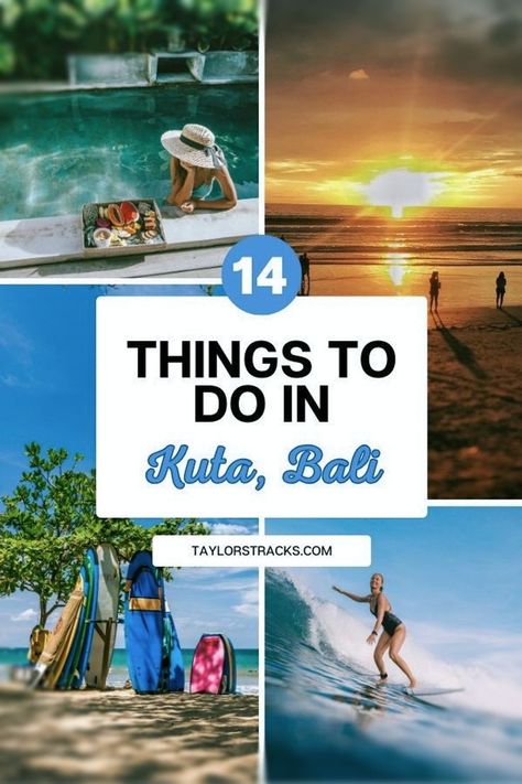 Dive into Kuta's vibrant nightlife and exhilarating Bali surf spots for an unforgettable Bali getaway. Craft your perfect Kuta itinerary with our curated list of top things to do in Kuta, from beachside adventures to thrilling nightlife escapades. Explore the entertainment hub of Kuta with its plethora of Kuta activities and attractions. For more Bali inspiration and travel guides, visit taylorstracks.com. Bali Packing List, Bali Activities, Bali Getaway, Bali Bucket List, Bali Retreat, Bali Surf, Bali Trip, Bali Itinerary, Kuta Beach