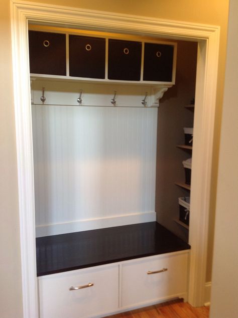 Front view of cubbies, hooks and bench of our DIY closet mudroom. Diy Closet Cubbies, Diy Closet Mudroom, Front Closet Makeover Entryway, Convert Closet To Mudroom, Tiny Mudroom Ideas Entryway, Closet To Mudroom Convert, Front Closet Makeover, Backpack Area, Mud Closet