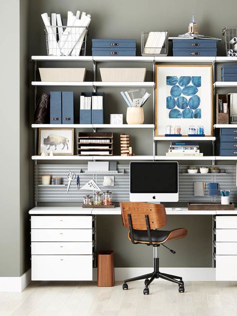 Just Because Something Is Loved Doesn't Mean It Can't be Improved | Container Stories Above Desk, Elfa Closet, Office Shelving, Ikea Shelves, Studio Inspiration, Custom Desk, Desk Ideas, The Container Store, Craft Room Office