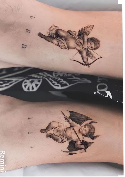 Angel And Devil Cherub Tattoo, Devil Angel Tattoo, Angel And Demon Tattoo, Devil And Angel Tattoo, Angel And Devil Tattoo, Good And Evil Tattoos, Angel Devil Tattoo, Shoulder Tats, Mayan Tattoos