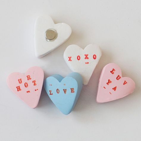 DIY Conversation Heart Magnets Valentine Goodies, Clay Magnets, Heart Magnets, Conversation Heart, Heart Shaped Cookies, Alphabet Stamps, Diy Valentines Crafts, Converse With Heart, Summer Diy