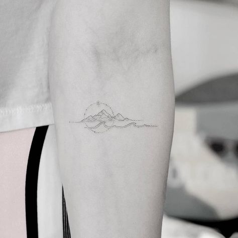 Little Tattoos on Instagram: “Mountains and waves, by @_dr_woo_ · H🌴DEAWAY at Suite X, Los Angeles 🇺🇸” Tattoo Berge, Norway Tattoo, Wellen Tattoo, Infinity Tattoo On Wrist, Grey Ink Tattoos, Geometric Mountain Tattoo, Dr Woo, Small Forearm Tattoos, Strength Tattoo