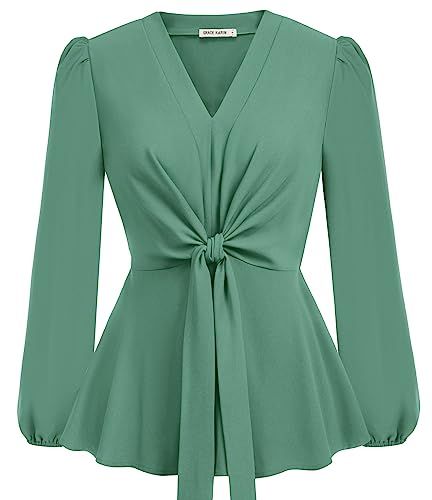 GRACE KARIN 2024 Women's Elegant Peplum Tops V Neck Tie Front Long Sleeve Shirts Tops Blouse Blouse With Sleeves, Top Designs For Women, Classy Blouses, Ankara Gowns, Modest Outfit, Women Blouses Fashion, Peplum Tops, Classic Blouses, Fashion Tops Blouse