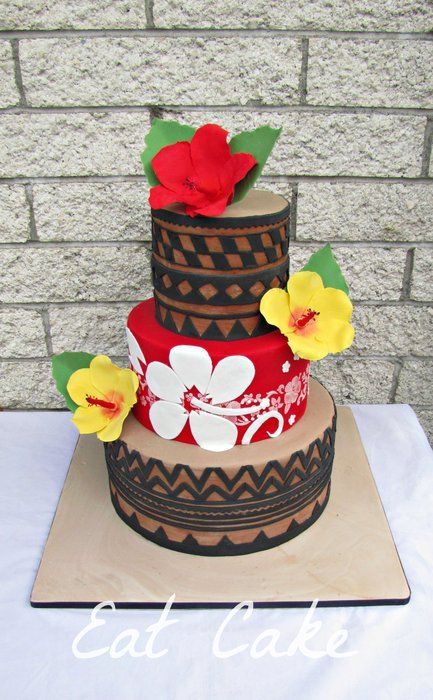 Tapa Print and Hibiscus - by KiwiEatCake @ CakesDecor.com - cake decorating website Hibiscus Cake, Tropical Cakes, Hawaiian Cake, Island Cake, Tapa Cloth, Hawaiian Birthday Party, Beach Cakes, Moana Party, Moana Birthday