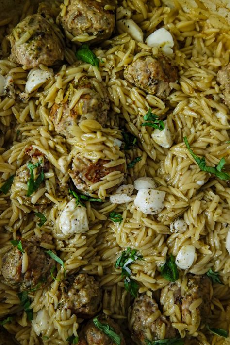 Pesto Orzo with Meatballs - Rushing to the Kitchen Turkey Meatball Orzo, Turkey Meatballs With Orzo, Turkey Meatballs And Orzo, Ground Turkey Orzo Recipes, Ground Beef Orzo Recipes, Steak Orzo, Meatballs And Orzo, Meatballs Orzo, Orzo Pesto