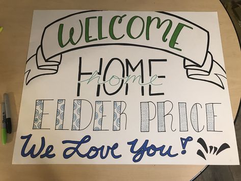 Fun creative welcome home sign! (All “free-hand”)😁 Mission Welcome Home Signs, Welcome Back Home Sign Airport, Welcome Home Elder Posters, Welcome Signs For Exchange Students, Welcome Home Signs Diy Poster Airport, Welcome Back Sign Ideas, Welcome Poster Design Ideas, Missionary Posters Welcome Home, Welcome Home Signs For Missionaries