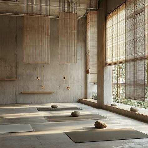 “Japandi style isn’t just seen, it’s felt; it promotes an interior calm as much as it does interior beauty.” A serene, minimalistic yoga studio that embodies the essence of Japandi design, blending Japanese and Scandinavian aesthetics. The space is characterised by its use of natural materials, particularly light wood and bamboo, creating a calming atmosphere with an earthy, neutral colour palette. The design emphasises simplicity, with hanging screens and panels that divide the room subtly,... Room Divider Japanese, Japanese Yoga Studio, Japandi Yoga Studio, Japanese Screen Divider, Screen Divider, Japandi Design, Japanese Screen, Calming Atmosphere, Japandi Style