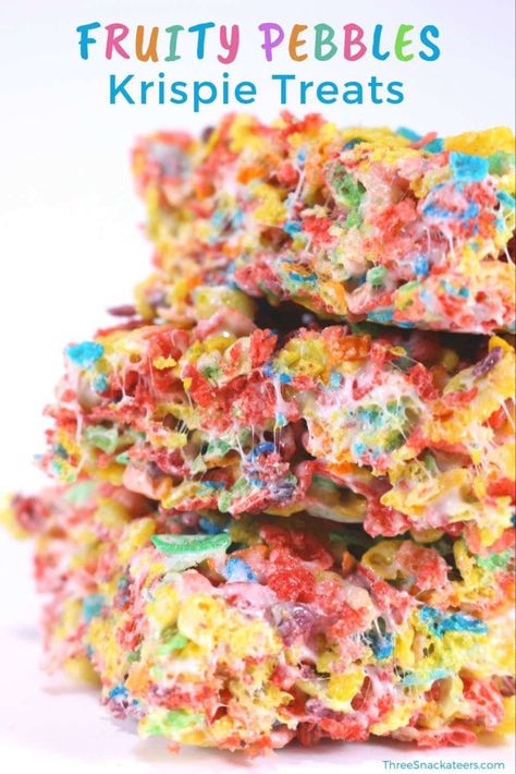 You'll love this easy, no bake Fruity Pebbles Rice Crispy Treats recipe. Kids love these fun cereal bars, they're the best for parties and perfect for holiday dessert too. Butter and marshmallows prepared just right make these treats super soft and gooey. Learn how to make this simple recipe plus lots more sweets and snacks at threesnackateers.com. Fruity Pebbles Bars, Marshmellow Treats With Cereal, Cereal Krispie Treats, Coco Pebbles Rice Crispy Treats, Recipes With Fruity Pebbles, Fruity Pebbles Rice Crispy Treats Recipe, Fruity Pepples, Fruity Pebble Bars, Fruity Pebbles Rice Crispy Treats