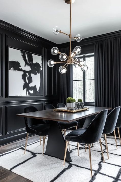 "Add sophistication to your dining room with Bold Monochrome Decor! ⚫⚪ A great way to create a contemporary and stylish ambiance. 🌿✨ #BlackAndWhiteInspo #DiningRoomDesign #ModernDecor" Black Ceiling In Dining Room, Monochrome Dining Room, Monochrome Decor, Black Ceiling, Dining Room Inspiration, Dining Room Design, Wooden Doors, Room Inspiration, Dining Area