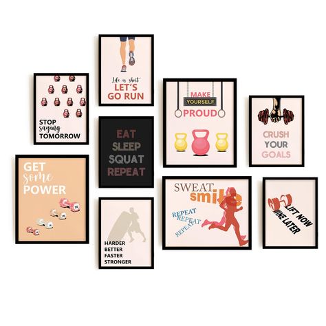 PRICES MAY VARY. 💪 [READY TO BE FRAMED]: This set includes 9 impactful posters in three sizes: 8"x10", 6"x8", and 5"x7". These UNFRAMED artworks offer the flexibility to choose frames that match your personal style. 🏋️ [ELEVATE HOME SPACE]: Transform your living space into a motivational powerhouse. These posters inspire and energize, making them ideal for gym walls, home workout spaces, or any area where you seek motivation and determination. 🎨 [HIGH QUALITY ART WORK]: Crafted with precision Fitness Office Design, Home Gym Signs Wall Art, Gym Wall Inspiration, Cute Home Gym Decor, Gym Artwork Wall Art, School Gym Decorating Ideas, Workout Area In Small Space, Diy Workout Room, Home Gym Set Up Ideas