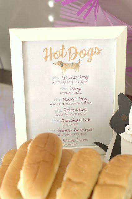 Hot Dog Bar Menu, Cat Theme Birthday Party, Puppy Birthday Theme, Birthday Party Dog, Dog First Birthday, Dog Themed Birthday Party, Dog Themed Parties, Hot Dog Bar, Puppy Birthday Parties