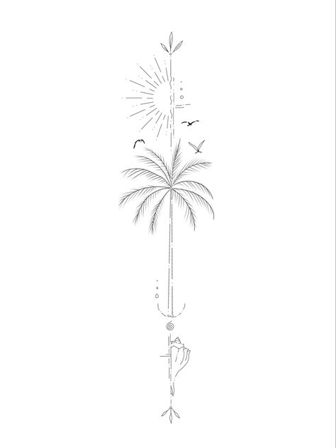 Dainty Hawaii Tattoo, Tattoo Ideas Female Hawaiian Flower, Palm Tree Arrow Tattoo, Spine Beach Tattoos For Women, Hawaii Tattoos For Couples, Beach Idea Tattoos, Ocean Inspired Spine Tattoos, Meaningful Beach Tattoos, Vertical Beach Tattoo