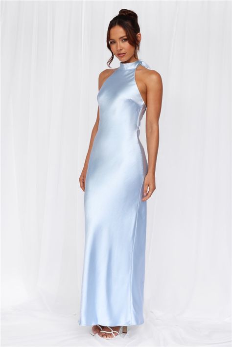 Length from neck to hem of size S: 142cm. 
 Chest: 36cm, Waist: 34cm, across front only of size S. 
 Maxi dress. 
 Lined. 
 Model is a standard XS and is wearing size XS. 
 True to size. 
 Non-stretch. 
 Luxurious satin. 
 Halter tie neckline. 
 High neck. 
 Elastic back. 
 Vent extension. 
 Straight, flowy silhouette. 
 Zipper with hook eye closure.  
 Cold hand wash only. 
 Polyester. 
 This material is very delicate. Please handle with care. 
 Please Note: This product is a Exclusive.  
 
 St Satin Halter Bridesmaid Dress, Halter Tie Neck Dress, Light Blue Satin Bridesmaid Dresses, High Neck Satin Dress, High Neck Bridesmaid Dresses, Blue Satin Dress, Halter Bridesmaid Dress, Long Halter Dress, Marine Uniform