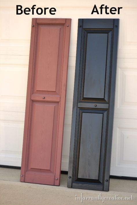 DIY Ideas | DIY Home | Does the exterior of your home need a face lift? Add curb appeal with this tutorial on how to spray paint vinyl shutters! Paint Vinyl, Painting Shutters, Vinyl Shutters, Front Door Makeover, Painted Vinyl, Diy Spring, Up House, Door Makeover, Updating House