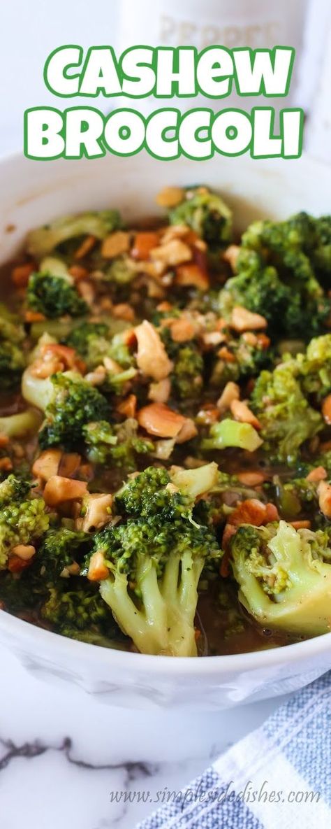 This cashew broccoli is a perfect side salad when you want a vegetable with a lot of flavor and extra protein. It comes together so quickly too! Veggie Side Dishes Broccoli, Broccoli Cashew Stir Fry, Broccoli Side Dish Recipes, Broccoli Cashew Salad, Cashew Broccoli, Broccoli Cashew, Food Rocks, Cashew Recipes, Broccoli Side Dish