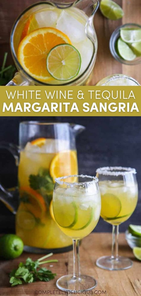 In this drink recipe, margaritas and white wine sangria collide into one perfect cocktail! Fill a pitcher with a bottle of dry white wine, tequila, triple sec, fresh orange juice, fresh lime juice, and a few stems of cilantro and let it it chill for a few hours. Then pour over ice and serve! | margarita sangria recipe | margarita sangria punch | how to make sangria margarita | party drink recipes alcoholic | alcoholic drink recipes | sangria with white wine | sangria with tequila recipe Sangarita Recipe, Summer Pitcher Cocktails, Orange Sangria Recipes, Party Drink Recipes, Sangria Margarita, Pitcher Margarita Recipe, Drink Recipes Alcoholic, Tequila Sangria, Holiday Sangria Recipes