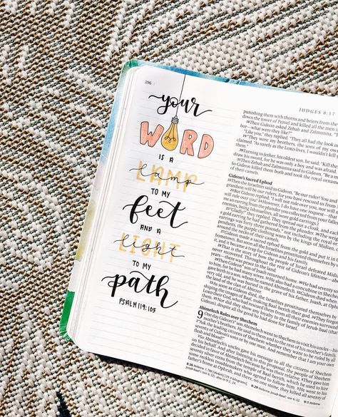 Emma's Bible Journaling on Instagram: “Your word is a lamp to my feet and a light to my path. Psalm 119:105 ESV #emmasbible #bibleverse #biblejournaling #biblejournalingideas…” Light To My Path, Journal Bible Quotes, Bible Journal Notebooks, Bible Doodles, Bible Journaling For Beginners, Bible Drawing, Learn The Bible, Bible Study Ideas, Inspire Bible