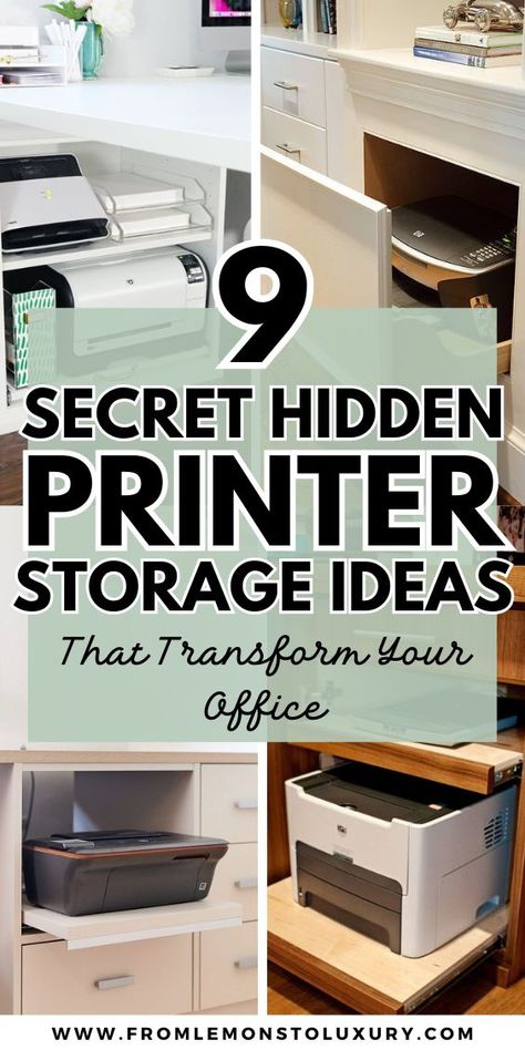 9+ Secret Hidden Printer Storage Ideas That Transform Your Office - From Lemons To Luxury Desk Printer Organization, Printer Station Small Spaces, Basket To Hide Printer, Home Office Hidden Printer, Computer And Printer Desk Ideas, Filing Cabinet Storage Ideas, Small Office Printer Storage, Open Shelving Office Organization, Home Office With Printer Storage